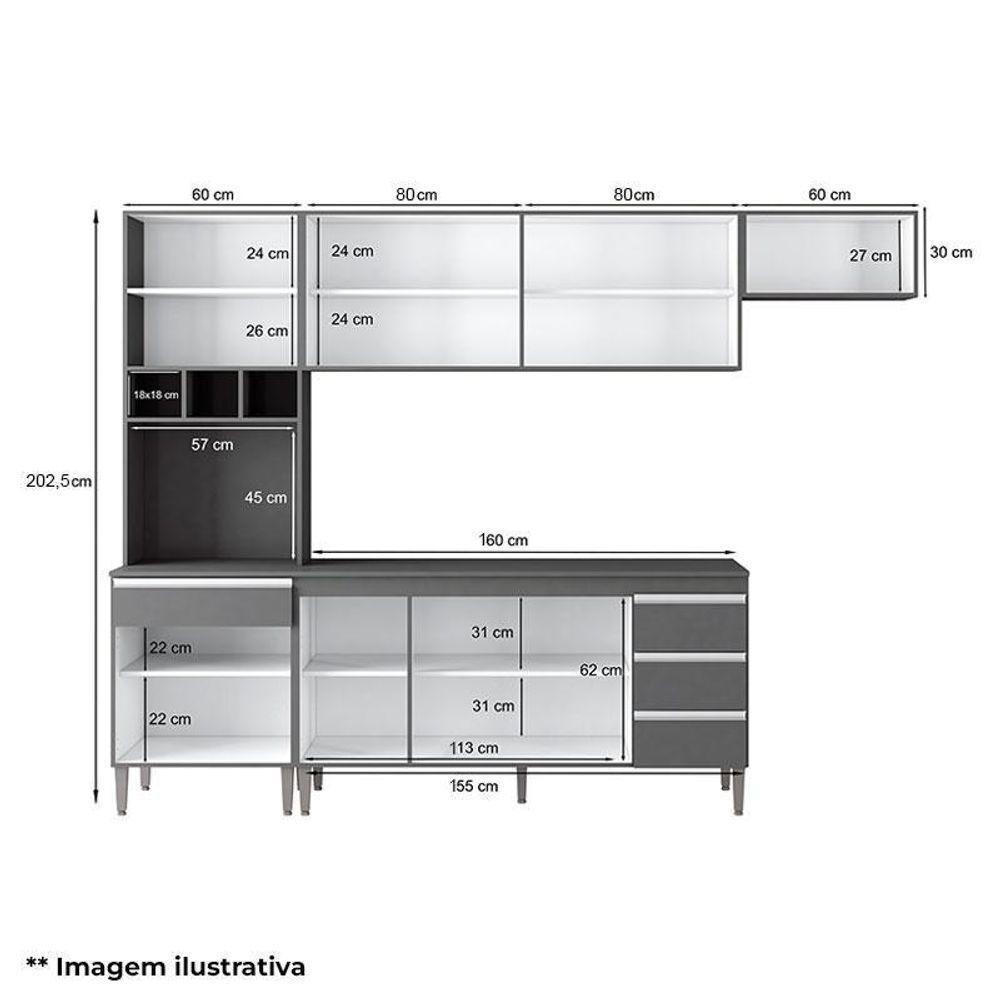 Cozinha Com Balcão E Tampo 160cm Ambiente Andréia Amêndoa Branco - Ajl - 2