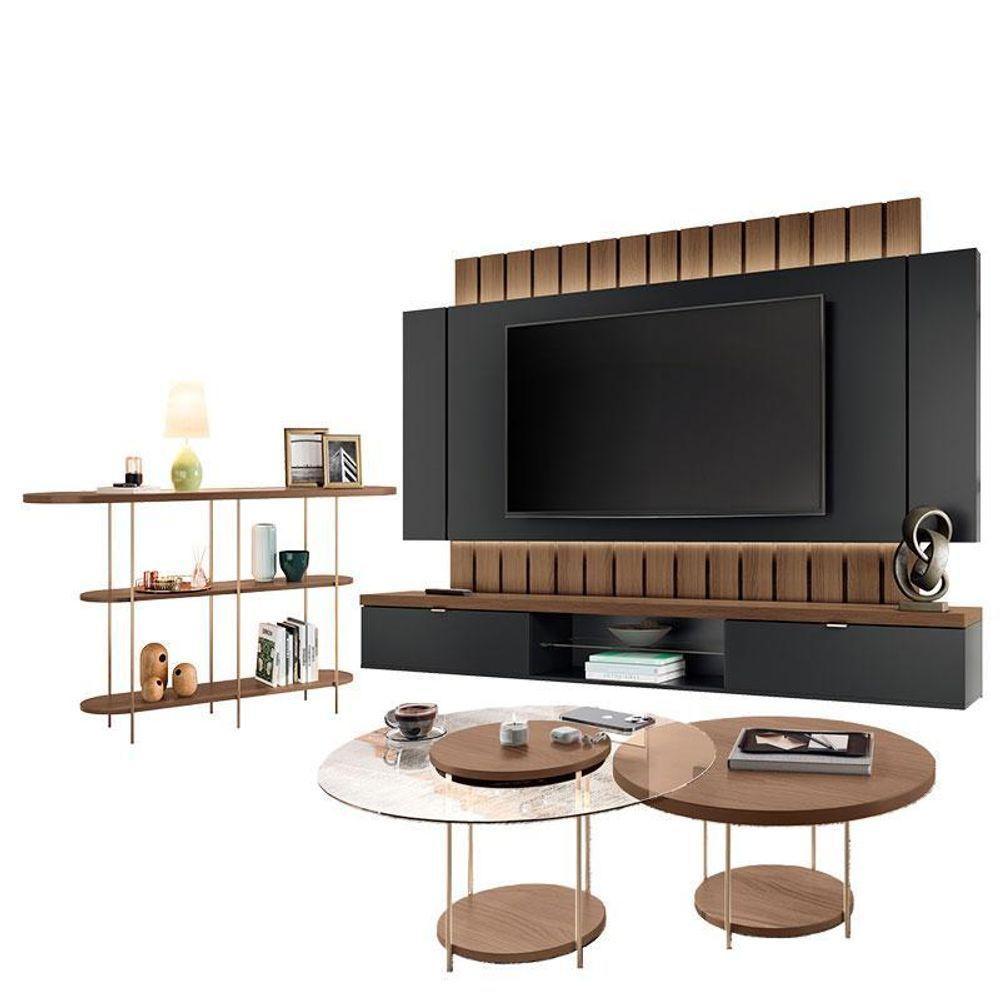 Home Suspenso Illusion 2.2 Preto Castanho E Aparador Infinity E Kit Mesa De Centro Sky Castanho- Hb Móveis - 1