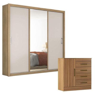 Cômoda e Guarda Roupa Casal Residence Montevidéu 4 Portas Correr 6 Gavetas em MDP Amêndola Off White