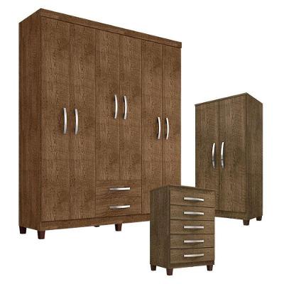Guarda Roupa Casal Modena com Cômoda e Armário Multiuso 6 Portas de Bater 2 Gavetas Malbec