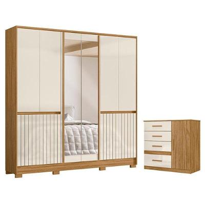 Guarda Roupa Casal e Cômoda Alasca Vênus 10 Portas Giratórias 4 Gavetas MDP Freijó Off White