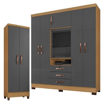 Guarda Roupa Casal Imperial Com Armário Multiuso Egito Carvalho Americano Grafite – Incorplac