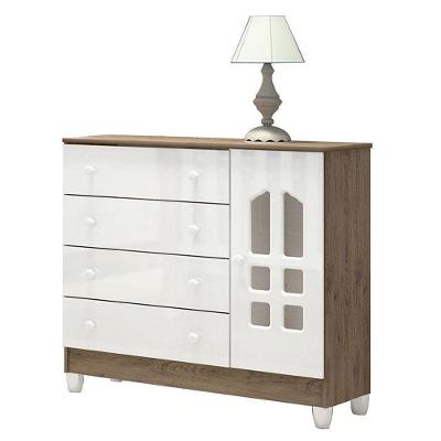 Cômoda Infantil Selena 4 Gavetas MDF Branco Acetinado Amadeirado com Corrediça Telescópica