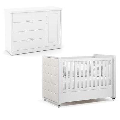 Berço Americano com Capitonê New Boucle Tutto New em MDF Branco Acetinado com Função Mini Cama