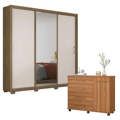 Cômoda e Guarda Roupa Casal Flora Residence 4 Portas de Correr 6 Gavetas MDP Amêndola Off White