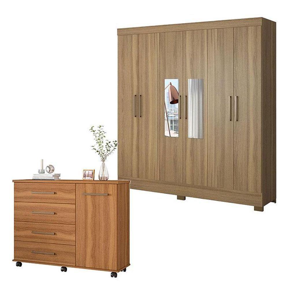 Cômoda Flora E Guarda Roupa Casal Prático Amêndola Touch Com Espelho - Demóbile - 1