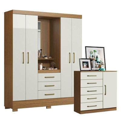 Cômoda e Guarda Roupa Solteiro Milão Paris 8 Gavetas MDF Puxador Plástico Off White