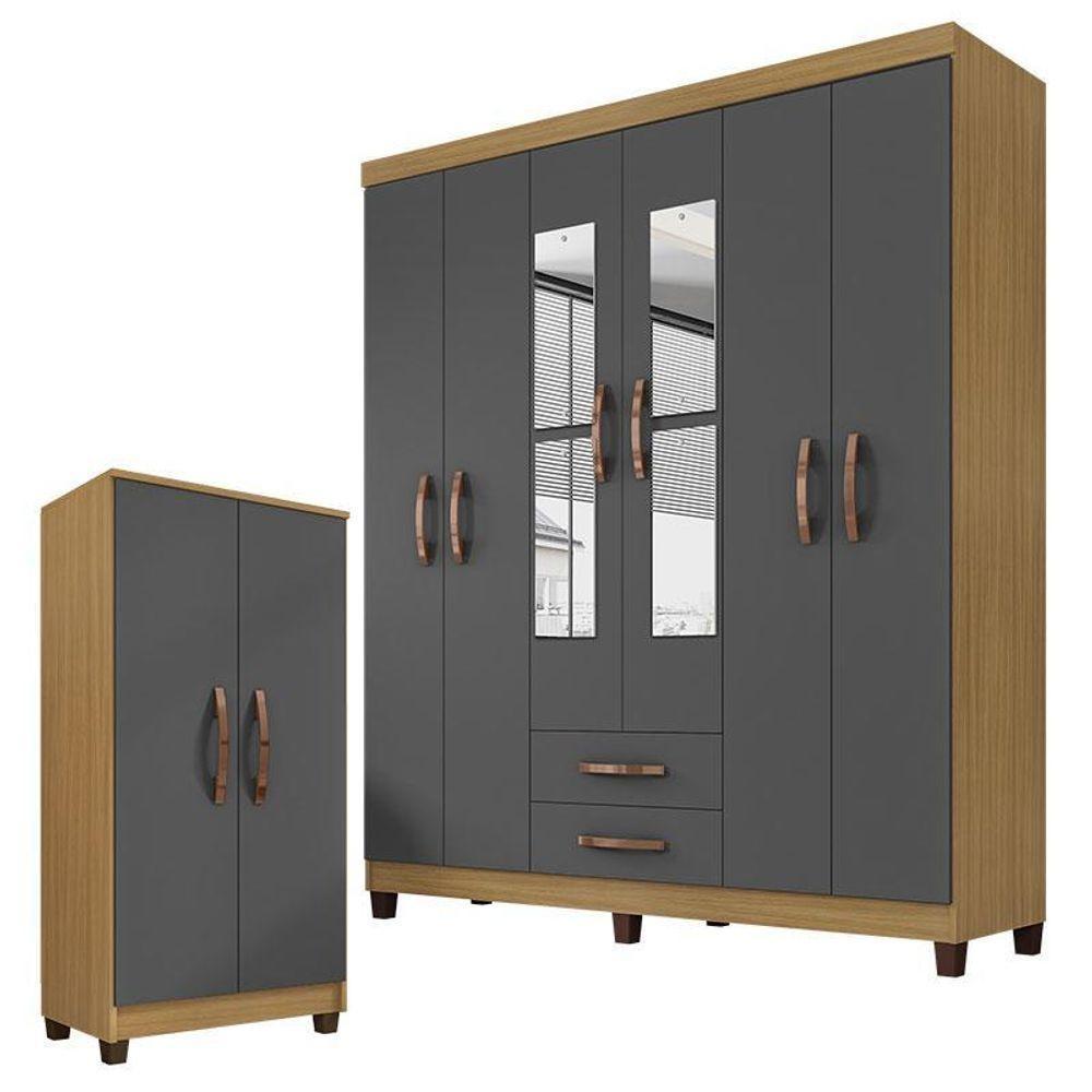 Guarda Roupa Casal Modena Com Espelho 6 Portas E Multiuso Recife Carvalho Americano Grafite – Incorplac - 1