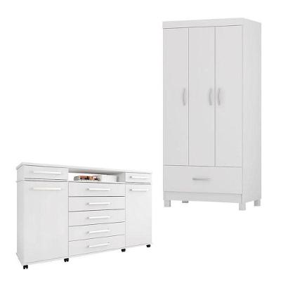 Cômoda e Guarda Roupa Solteiro London Prince 5 Portas 8 Gavetas em MDP com Puxadores Metálicos