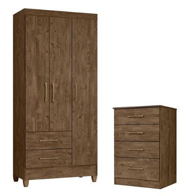 Guarda Roupa Solteiro e Cômoda Lima Ms913 3 Portas de Bater 2 Gavetas Mdp Castanho Wood