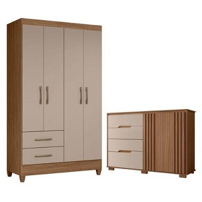 Guarda Roupa Solteiro e Cômoda Chile Texas 4 Portas 2 Gavetas em MDP Moderno Carvalho Fendi