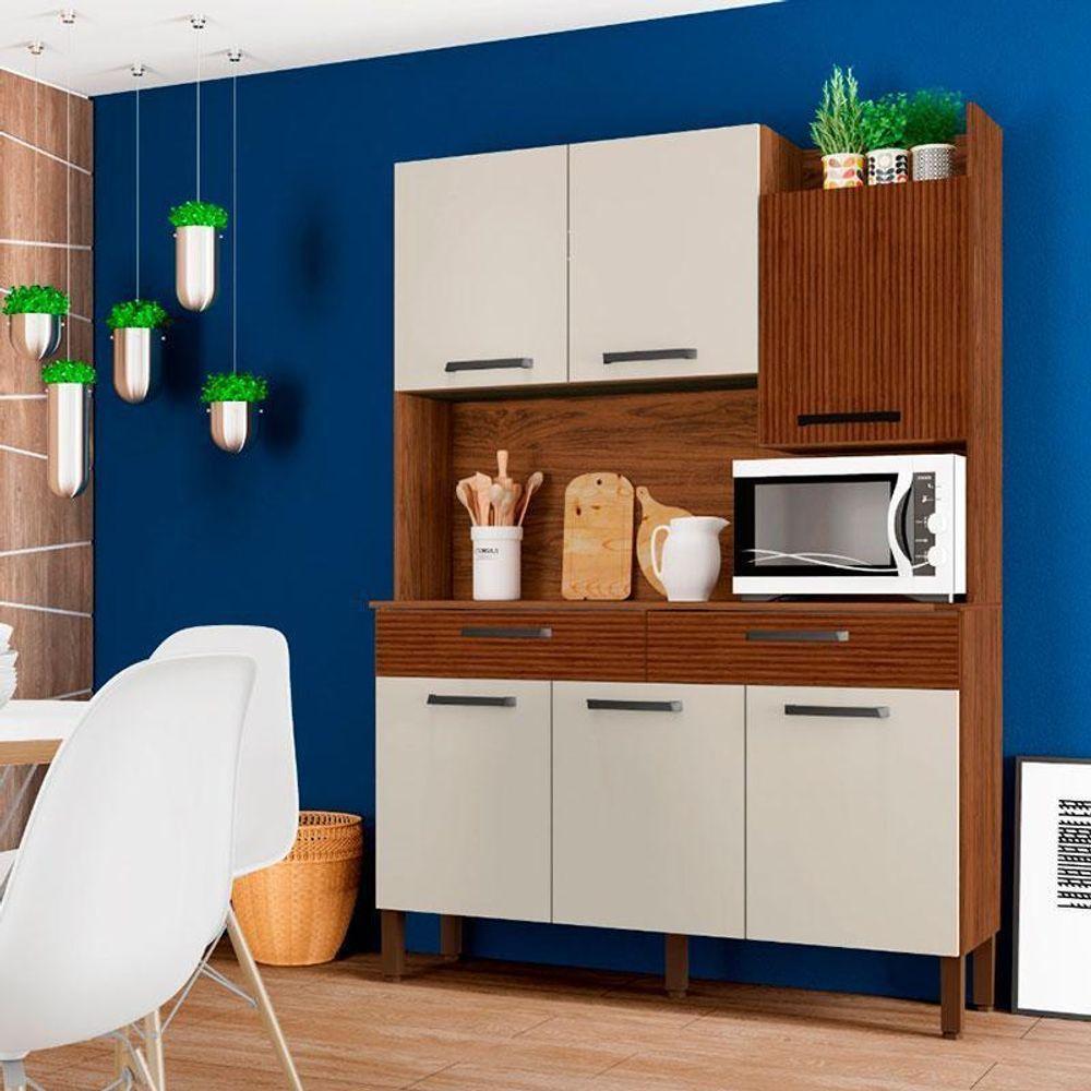 Kit Cozinha Ambiente Modena 6 Portas Nogueira Off White Ripado - Kits Paraná - 1
