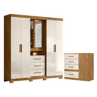 Guarda Roupa Solteiro e Cômoda Eldorado Vênus 6 Portas 7 Gavetas MDP Freijó Off White Brilho