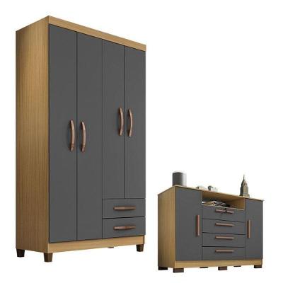 Guarda Roupa Solteiro Modena com Cômoda Madri 4 Portas Giratórias 2 Gavetas MDP Carvalho Americano