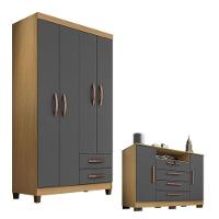 Guarda Roupa Solteiro Modena 4 Portas E Cômoda Madri Carvalho Americano Grafite – Incorplac - 1