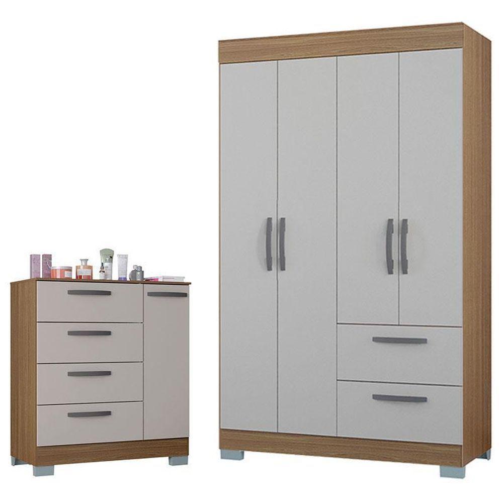 Cômoda 868 4 Gavetas E 1 Porta Com Guarda Roupa Solteiro Tóquio 4 Portas Castanho Off White - Poquema - 1