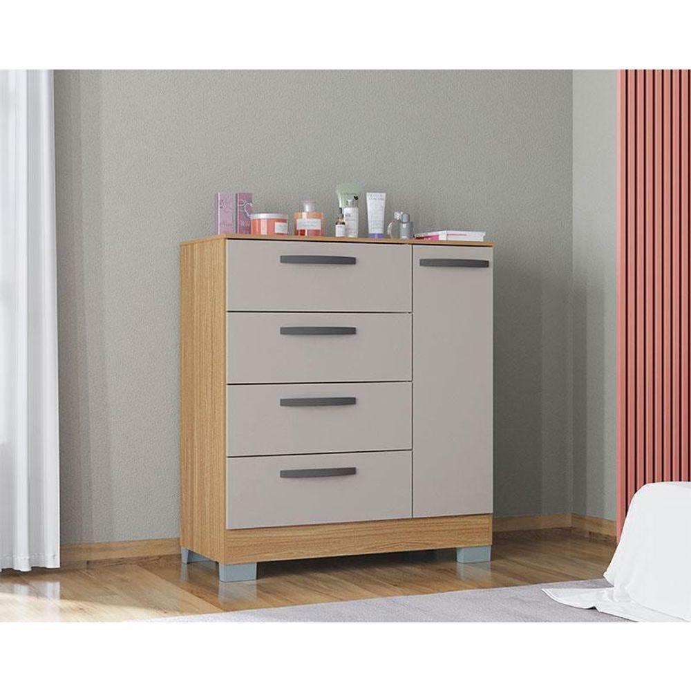 Cômoda 868 4 Gavetas E 1 Porta Com Guarda Roupa Solteiro Tóquio 4 Portas Castanho Off White - Poquema - 6