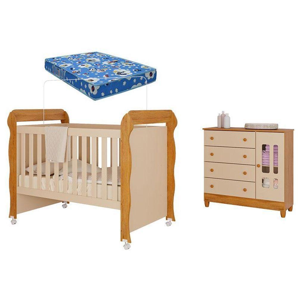 Berço Americano Mirelle E Cômoda Infantil Ariel Com Porta Off White Bétula Com Colchão Ortobom– Carolina Baby - 1