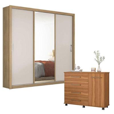 Cômoda e Guarda Roupa Casal Flora Residence 4 Portas de Correr 6 Gavetas em MDP Amêndola Touch
