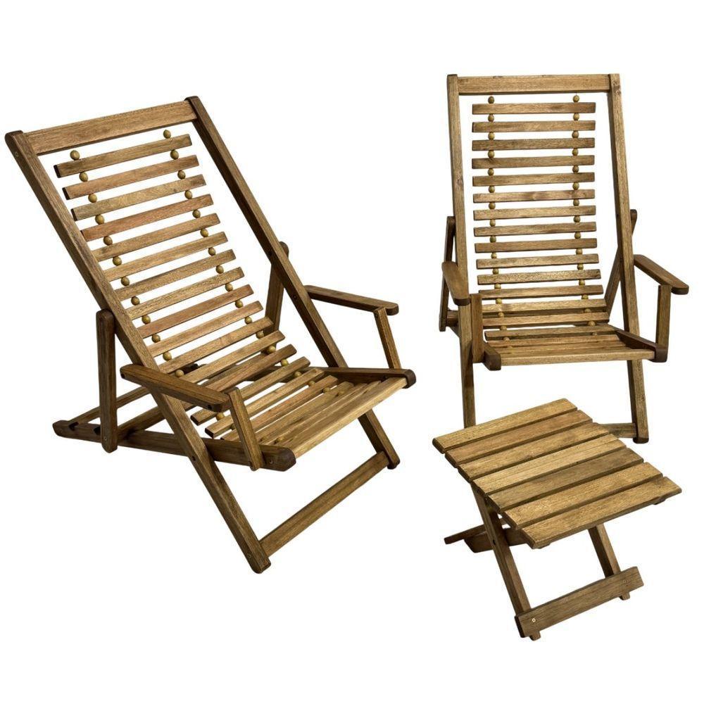 Kit 2 Espreguiçadeiras De Madeira Com Mesinha/banquinho Multiuso Madeiral - 1