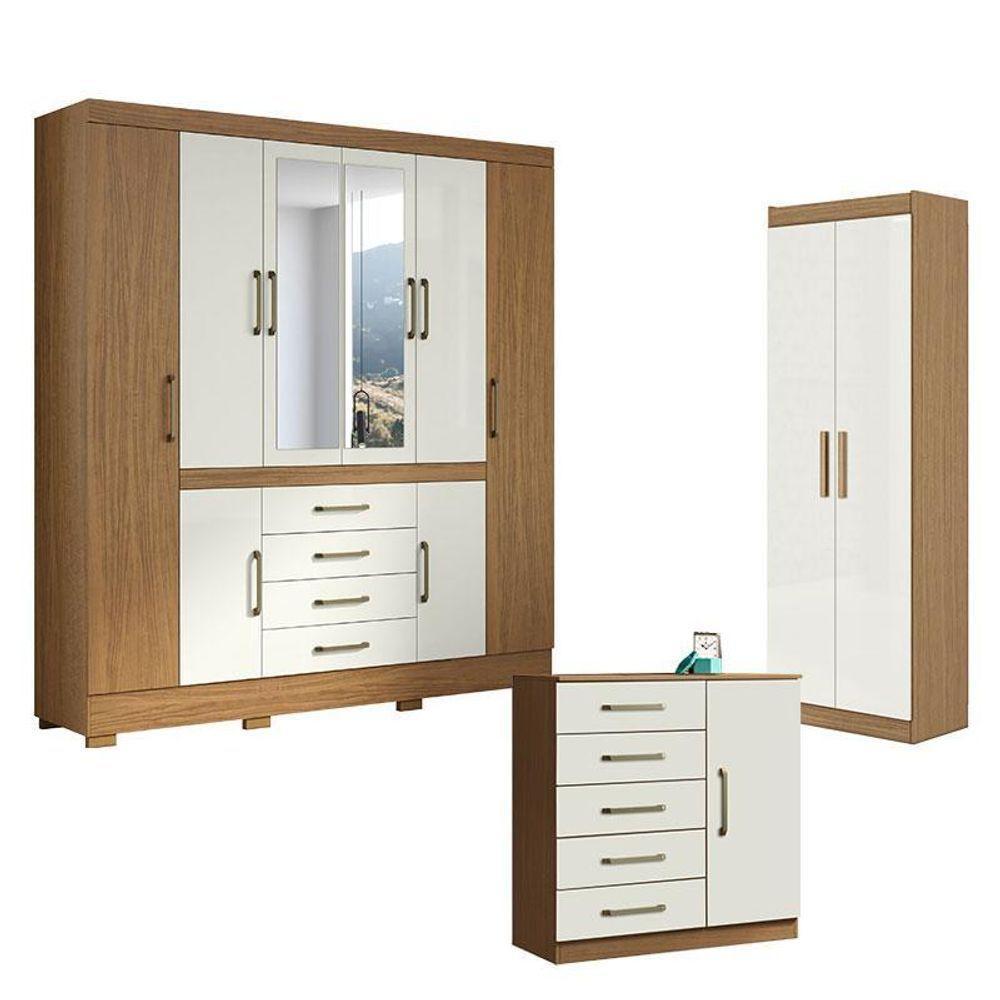 Guarda Roupa Casal Nápole 2045149 E Armário Multiuso 2000191 E Cômoda Milão Atacama Off White - Aramóveis - 1