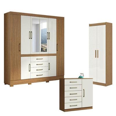 Guarda Roupa Casal Nápole 2045149 com Armário Multiuso 2000191 e Cômoda Milão 8 Portas 4 Gavetas MDP