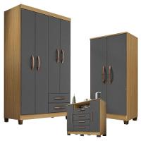 Guarda Roupa Modena 4 Portas Com Cômoda Madri E Armário Multiuso Recife Carvalho Americano Grafite - Incorplac - 1
