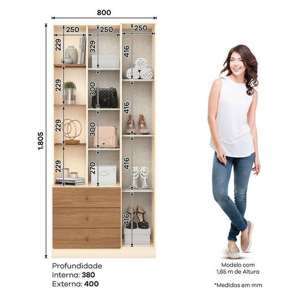 Armário Multiuso Doha Com Espelho 2 Portas 3 Gavetas Off White Nature - Henn - 3