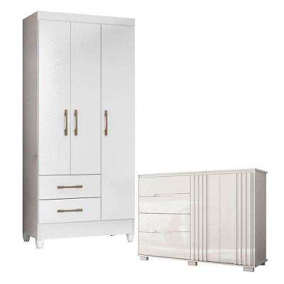 Guarda Roupa Infantil e Cômoda Lima Texas 3 Portas 2 Gavetas em MDP com Pés Branco Flex