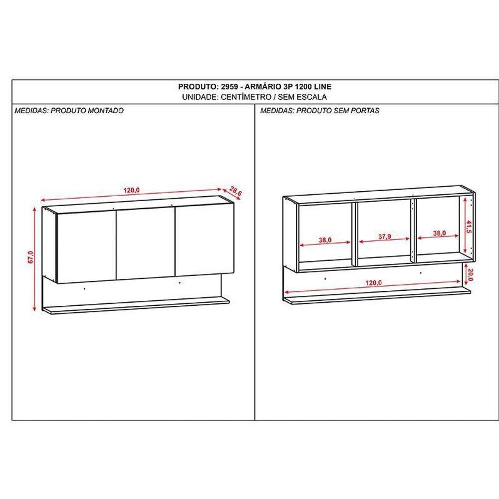 Armário Aéreo Line 3 Portas 120 Cm Supremo Freijó - Kits Paraná - 3