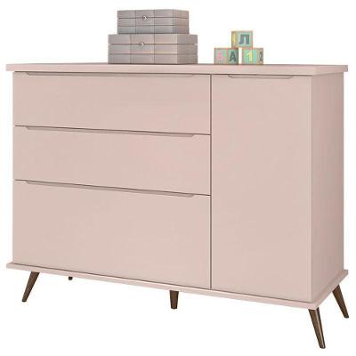 Cômoda Infantil Retro Alice 3 Gavetas 1 Porta MDF Puxador MDF Rosa Acetinado