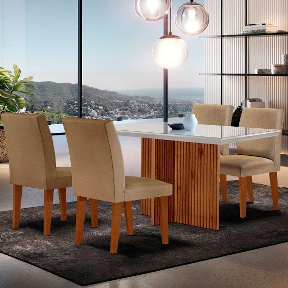 Sala De Jantar Mesa Olimpia 120 Mdf Vidro Canto Reto Com 4 Cadeiras Turim/off White/imbuia Ripado - 1