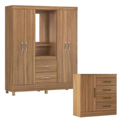 Cômoda e Guarda Roupa Casal Montevidéu Lord 4 Portas de Bater 2 Gavetas em MDP Amêndola Touch