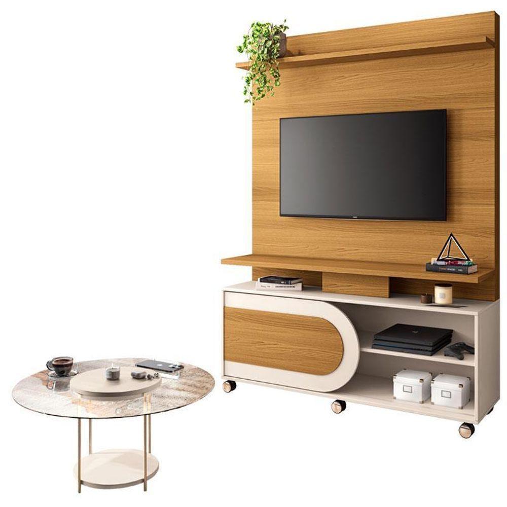 Estante Home Theater òrbis Cinamomo Off White E Mesa De Centro Sky Com Tampo De Vidro Off White- Hb Móveis - 1