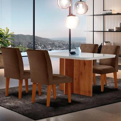 Sala de Jantar Olimpia 4 Lugares Tampo de Vidro com Cadeiras Estofadas Marrom Off White Imbuia Mesa