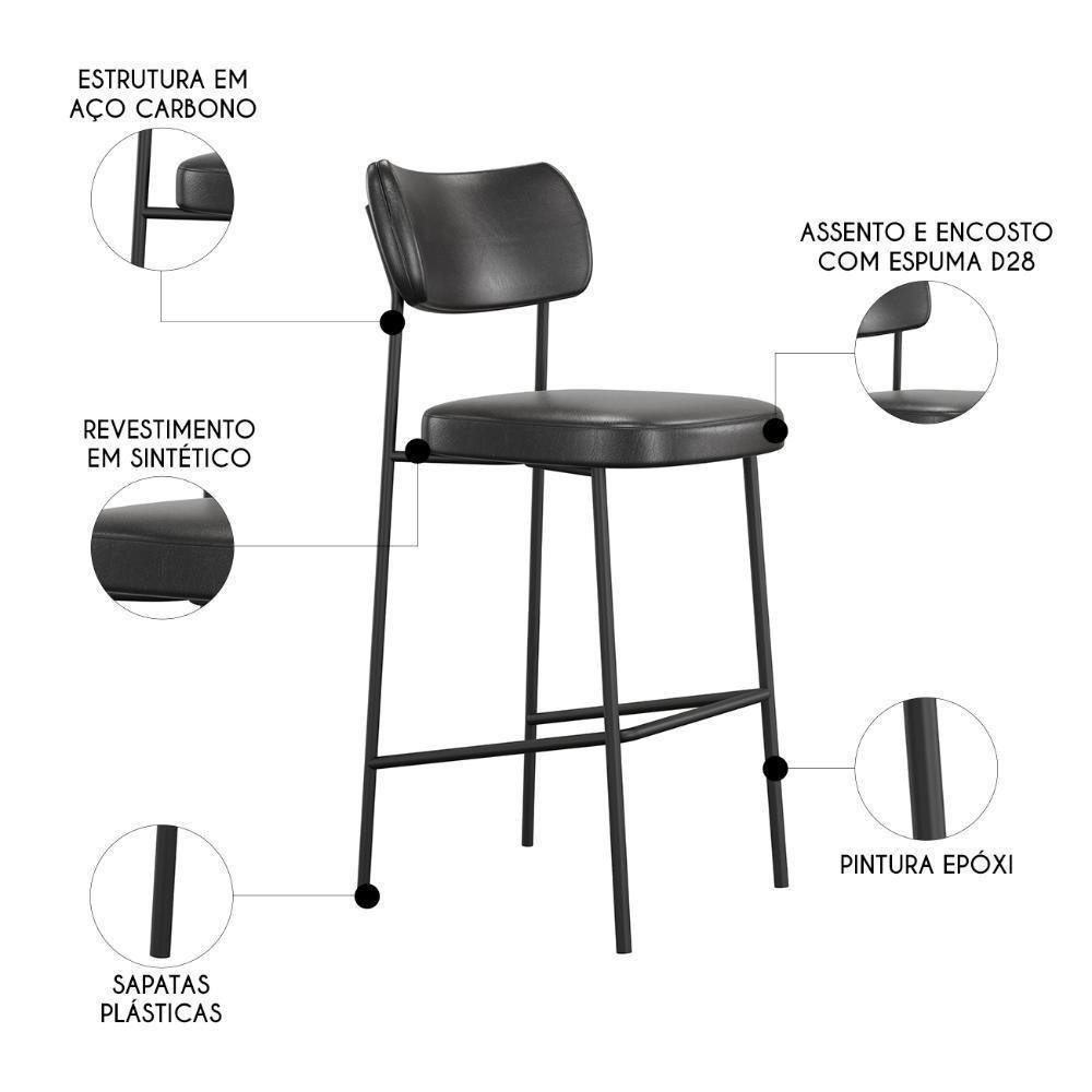 Banqueta Alta Bar Estofada Kit 8 Milli Sintético Preto A14 - Mpozenato - 2