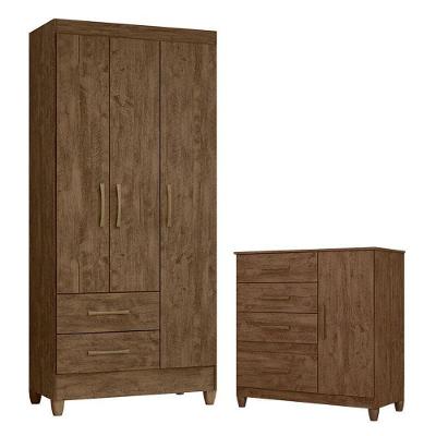Guarda Roupa Solteiro e Cômoda Lima Vênus 4 Portas de Bater 6 Gavetas em MDP Castanho Wood