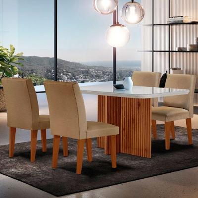 Sala de Jantar Olimpia 4 Lugares Tampo de Vidro com Cadeiras Grecia Off White 120x80