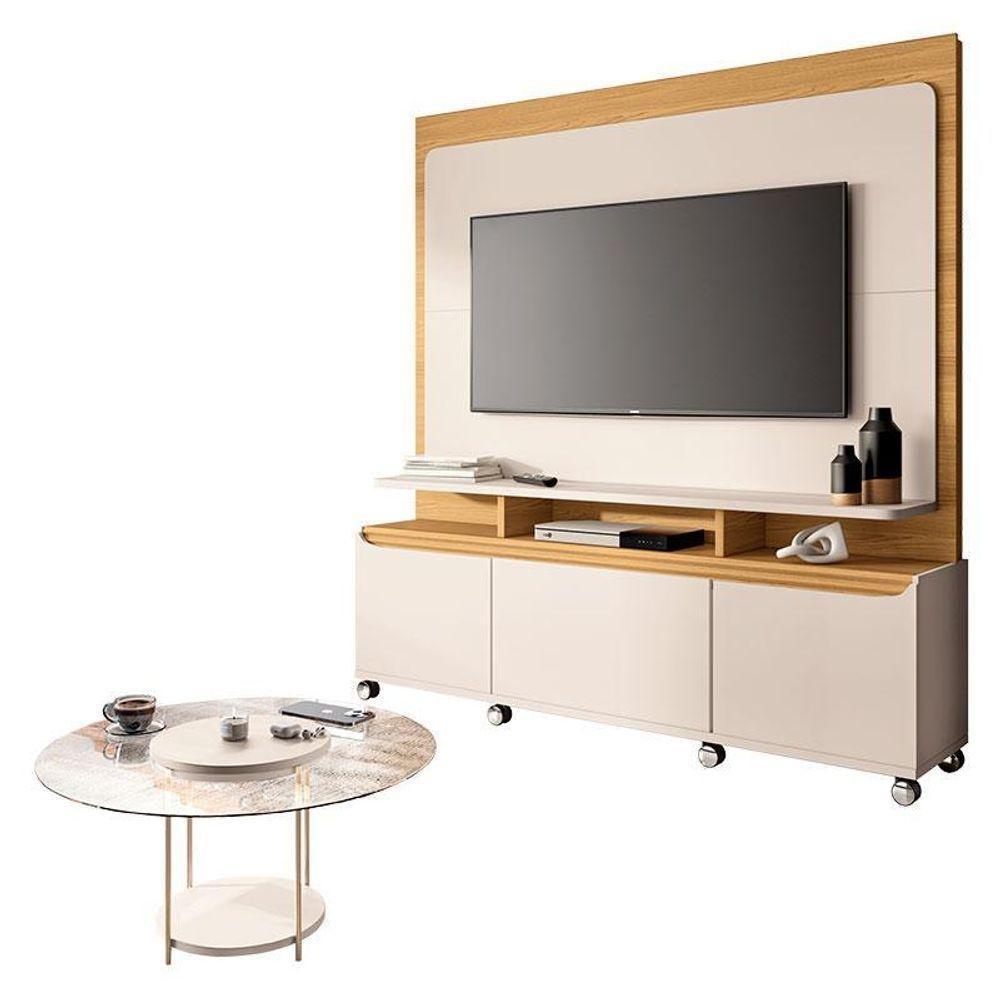 Estante Home Theater Quantum Off White Cinamomo E Mesa De Centro Sky Com Tampo De Vidro Off White – Hb Móveis - 1