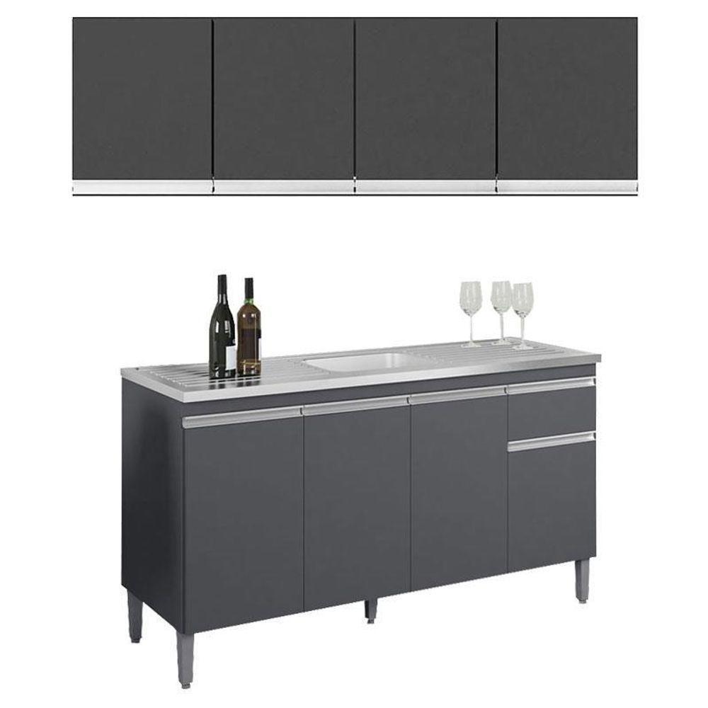 Balcão De Pia Tatiane 145 Cm E Armário Aéreo Andréia 4 Portas 160 Cm Cinza Fosco – Ajl - 1