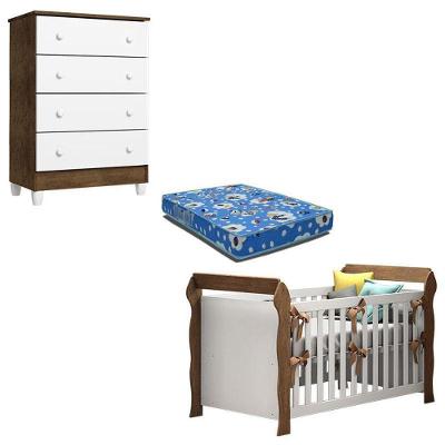 Berço Americano Lara com Cômoda Gaveteiro Ariel 4 Gavetas em MDF MDP 154cm Branco Acetinado