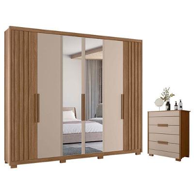 Guarda Roupa Casal e Cômoda Araguaia Dhara 6 Portas de Bater 4 Gavetas MDP Carvalho Fendi