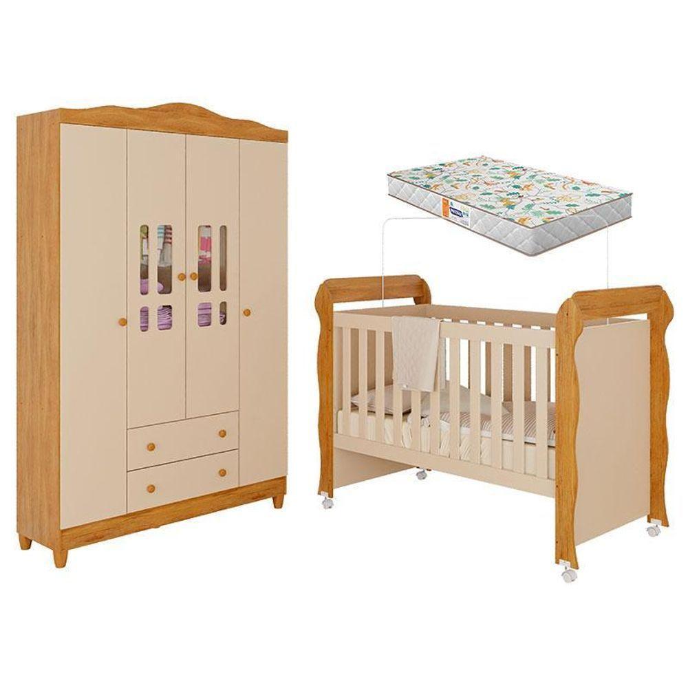 Berço Americano Mirelle E Guarda Roupa Infantil Ariel 4 Portas Off White Bétula Com Colchão Gazin– Carolina Baby - 1