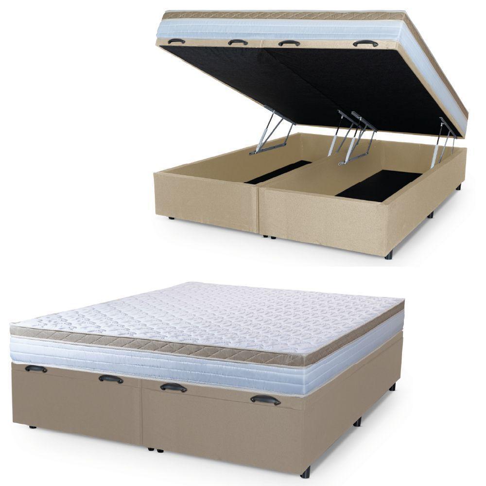 Cama Box Baú Casal King Colchão Com Molas Ensacadas 193x203x63cm Dunas Branco/bege Hellen Branco / Bege - 1