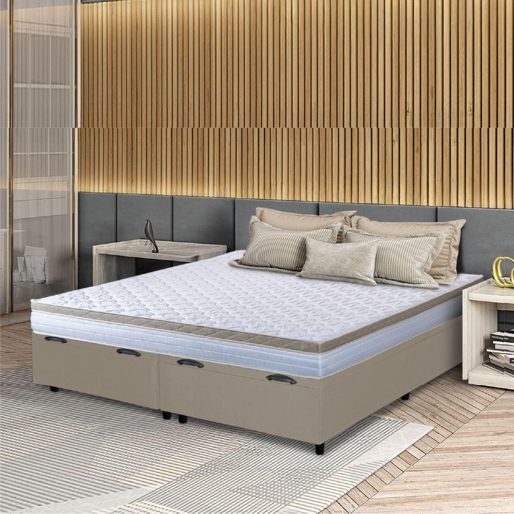 Cama Box Baú Casal King Colchão Com Molas Ensacadas 193x203x63cm Dunas Branco/bege Hellen Branco / Bege - 2