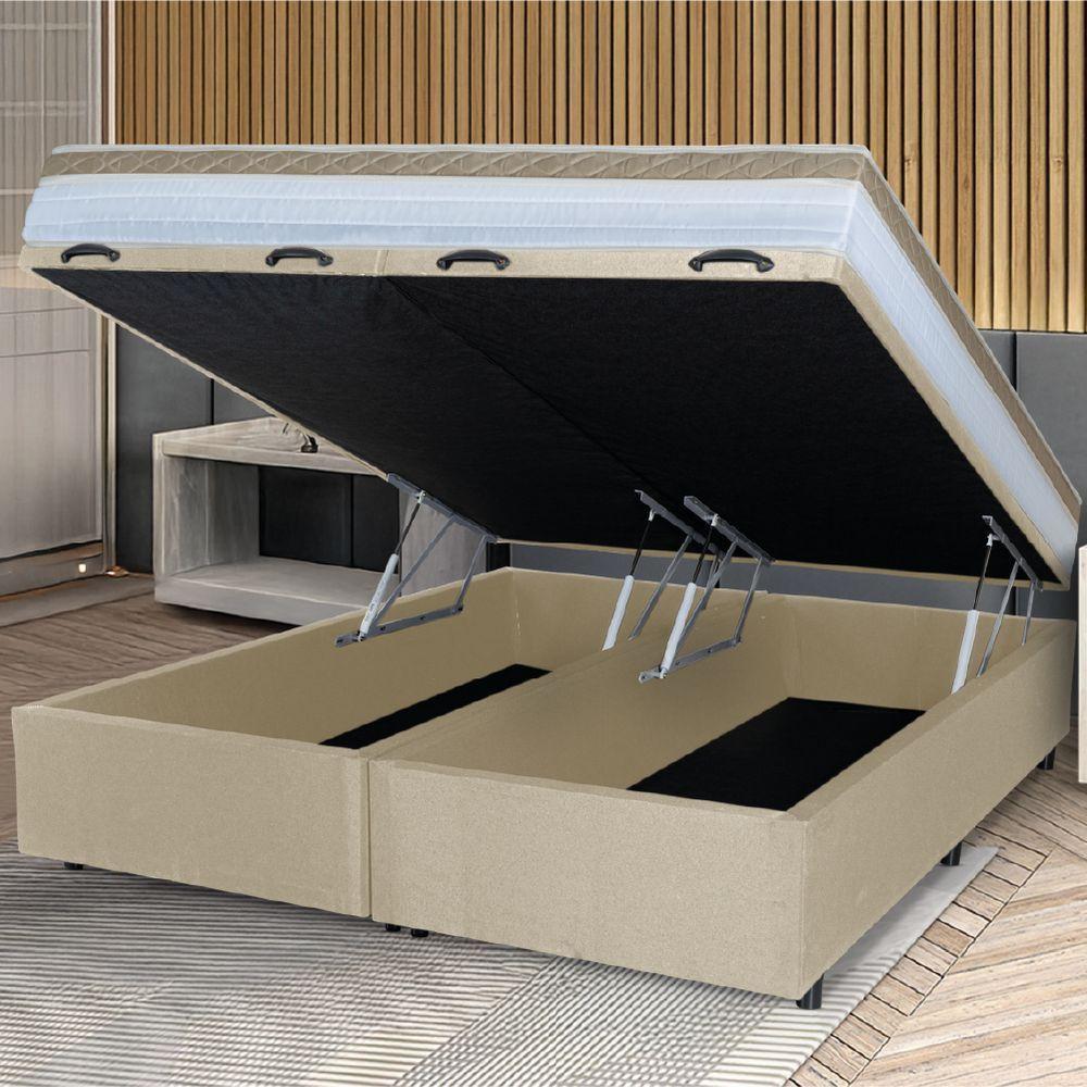 Cama Box Baú Casal King Colchão Com Molas Ensacadas 193x203x63cm Dunas Branco/bege Hellen Branco / Bege - 3