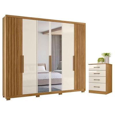 Guarda Roupa Casal e Cômoda Araguaia 6 Portas de Bater 4 Gavetas MDP Freijó Off White