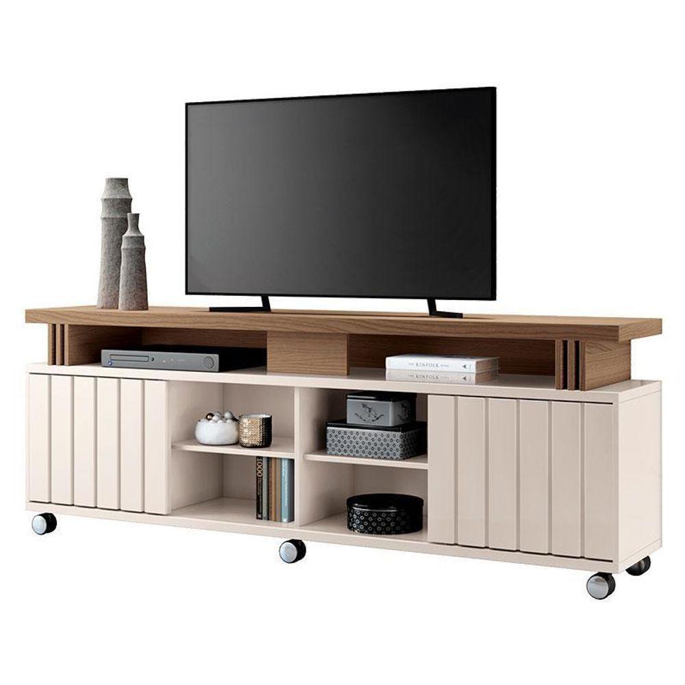 Rack Bancada Rivera 1.8 Com Mesa De Centro Sky Com Tampo De Vidro Off White Castanho – Hb Móveis - 2