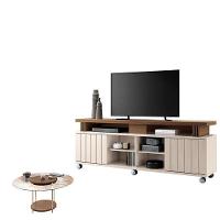 Rack Bancada Rivera 1.8 Com Mesa De Centro Sky Com Tampo De Vidro Off White Castanho – Hb Móveis - 1