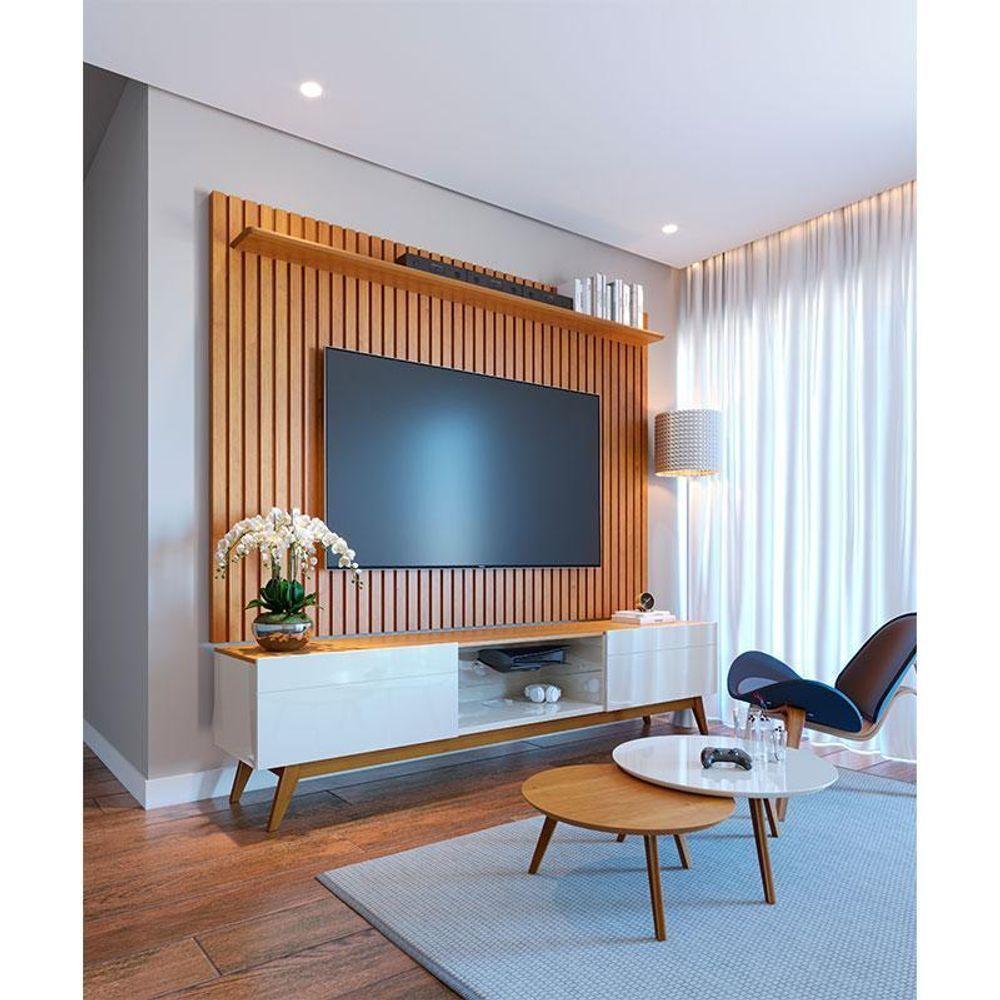 Rack Bancada Ambiente Classic 2 Gavetas Com Painel Para Tv Suspenso Ripado Loft 1.8 Off White Nature - Imcal - 1